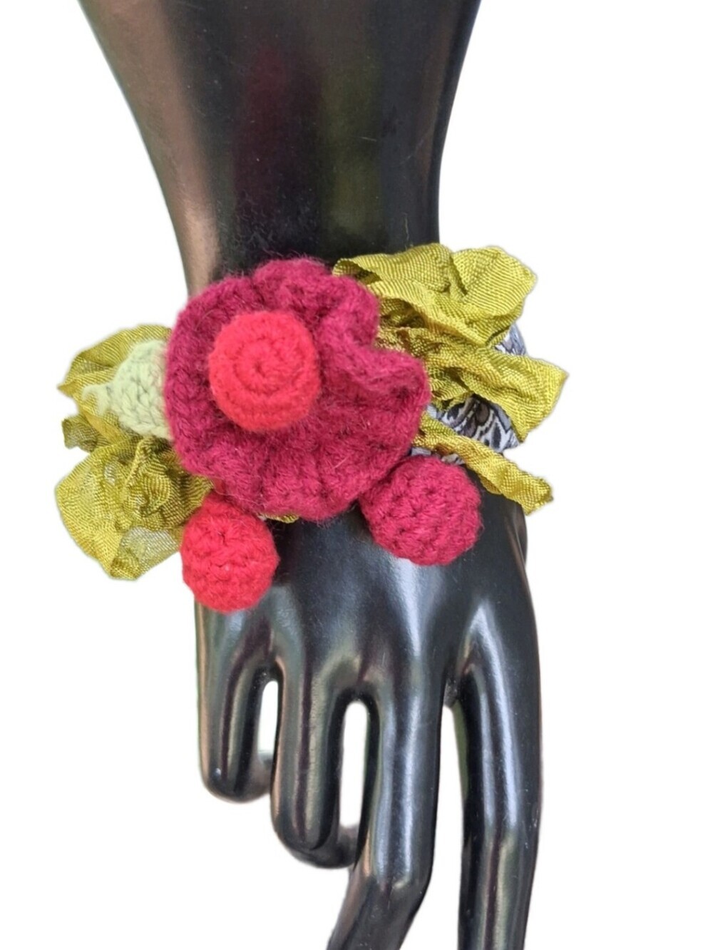 Vintage Fabric Bangle Crochet Floral Bracelet Mixed Media Boho Chunky